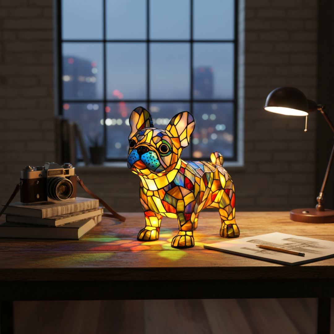 Bouledogue Brillant en Vitrail